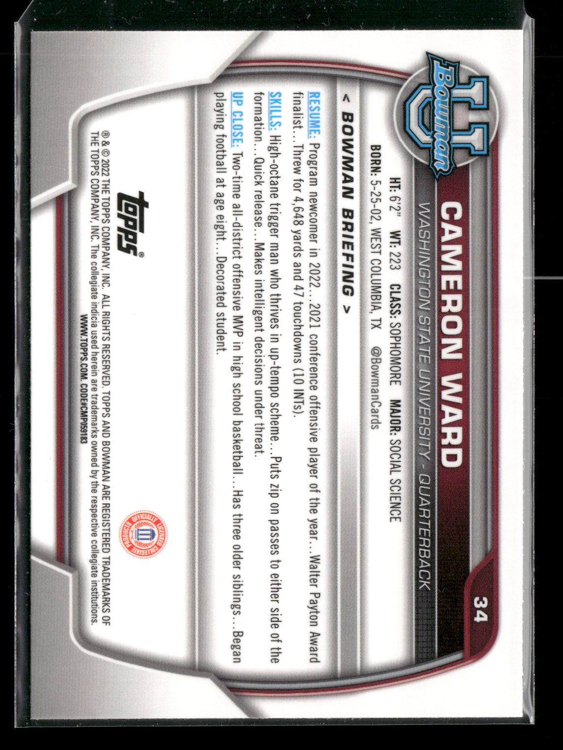 2022 Bowman Chrome University Football Cameron Ward #34 Pink Refractor 1st Bowman