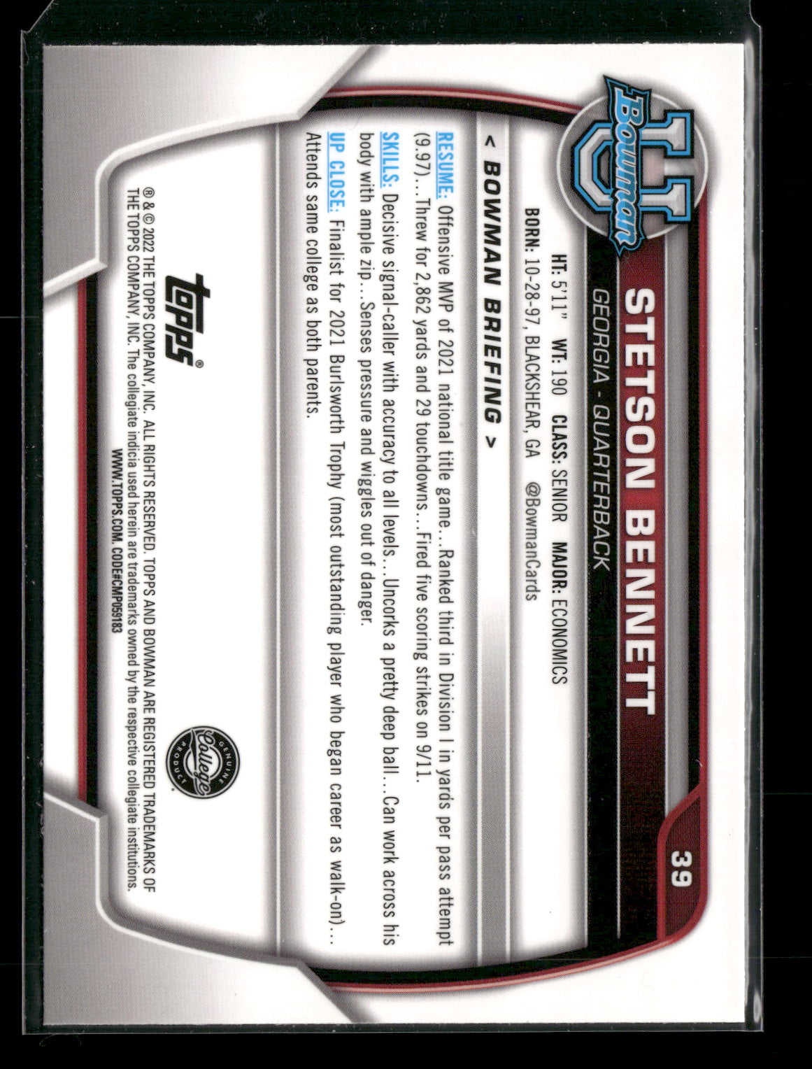 2022 Bowman Chrome University Football Stetson Bennett #39 Pink Refractor 1st Bowman