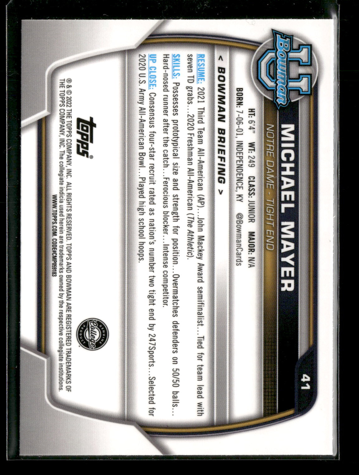 2022 Bowman Chrome University Football Michael Mayer #41 Pink Refractor 1st Bowman