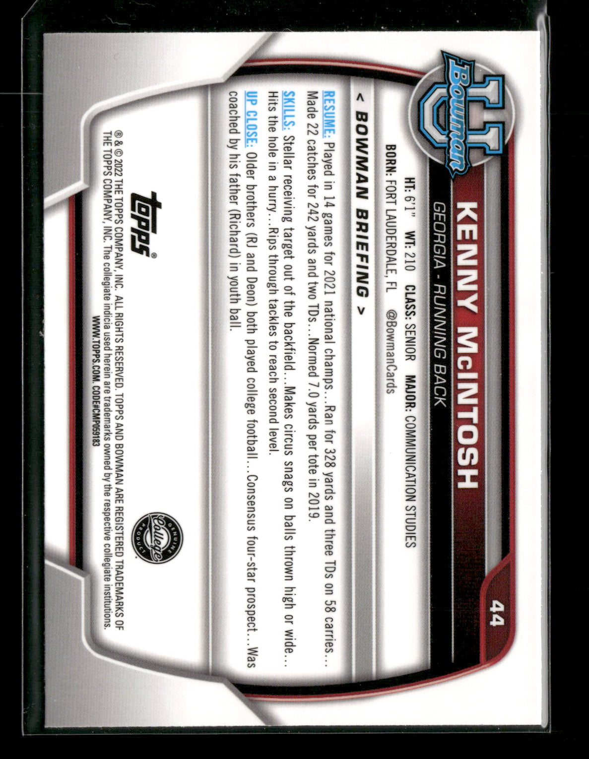 2022 Bowman Chrome University Football Kenny McIntosh #44 Pink Refractor 1st Bowman
