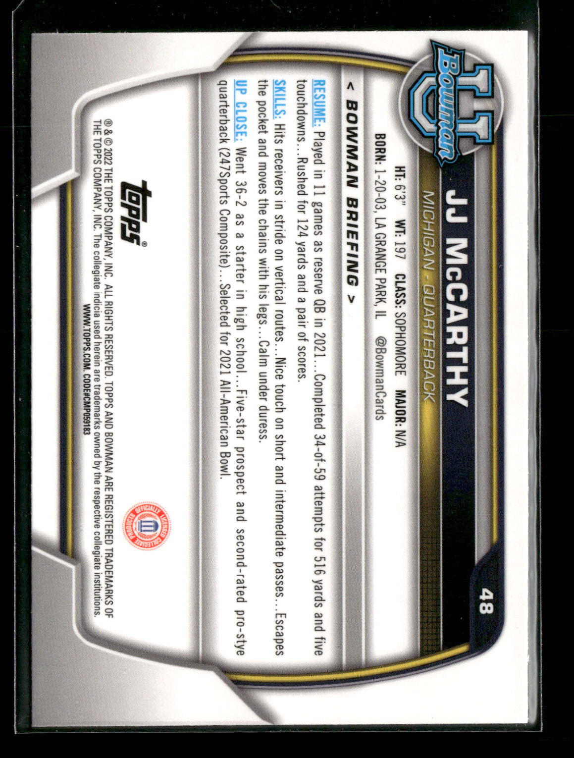 2022 Bowman Chrome University Football JJ McCarthy #48 Pink Refractor