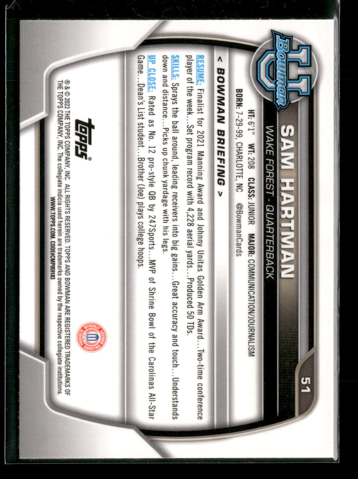 2022 Bowman Chrome University Football Sam Hartman #51 Pink Refractor 1st Bowman