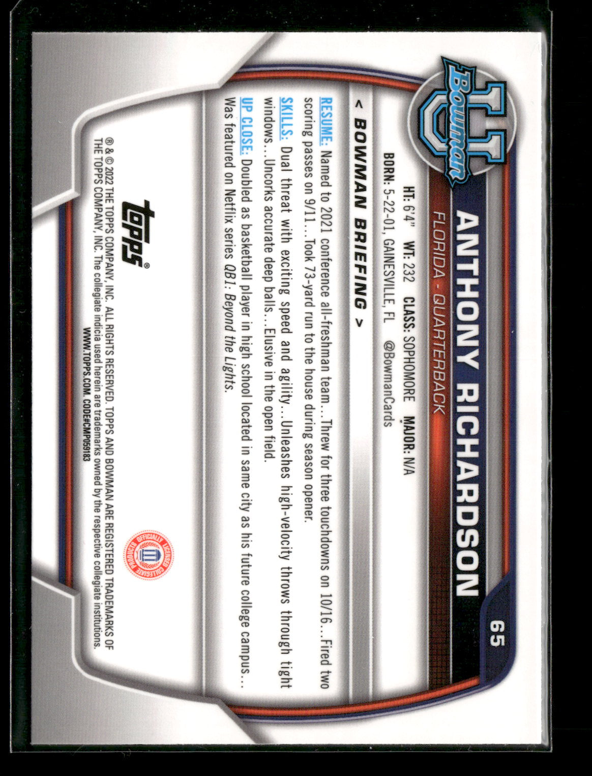 2022 Bowman Chrome University Football Anthony Richardson #65 Pink Refractor 1st Bowman