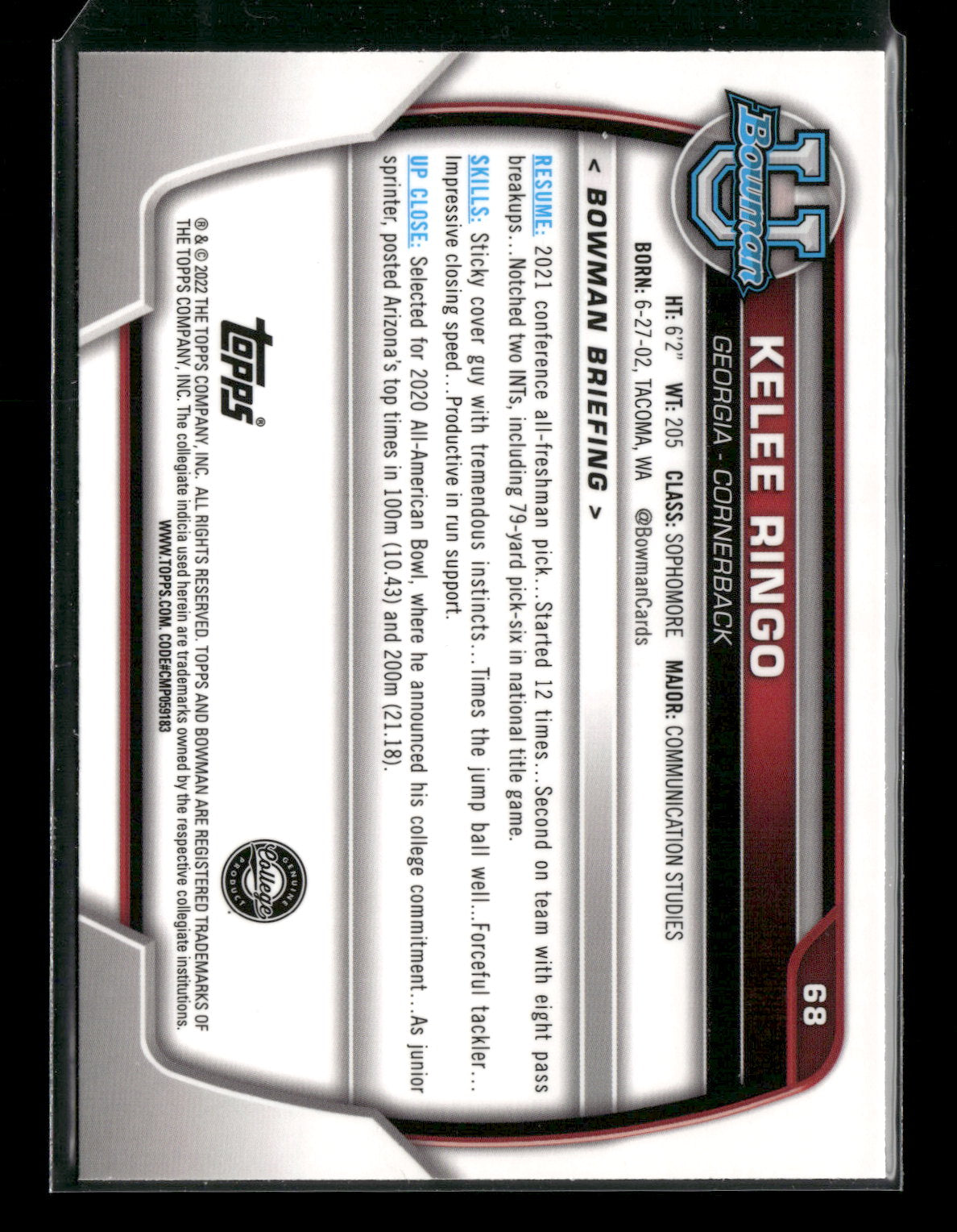2022 Bowman Chrome University Football Kelee Ringo #68 Pink Refractor 1st Bowman