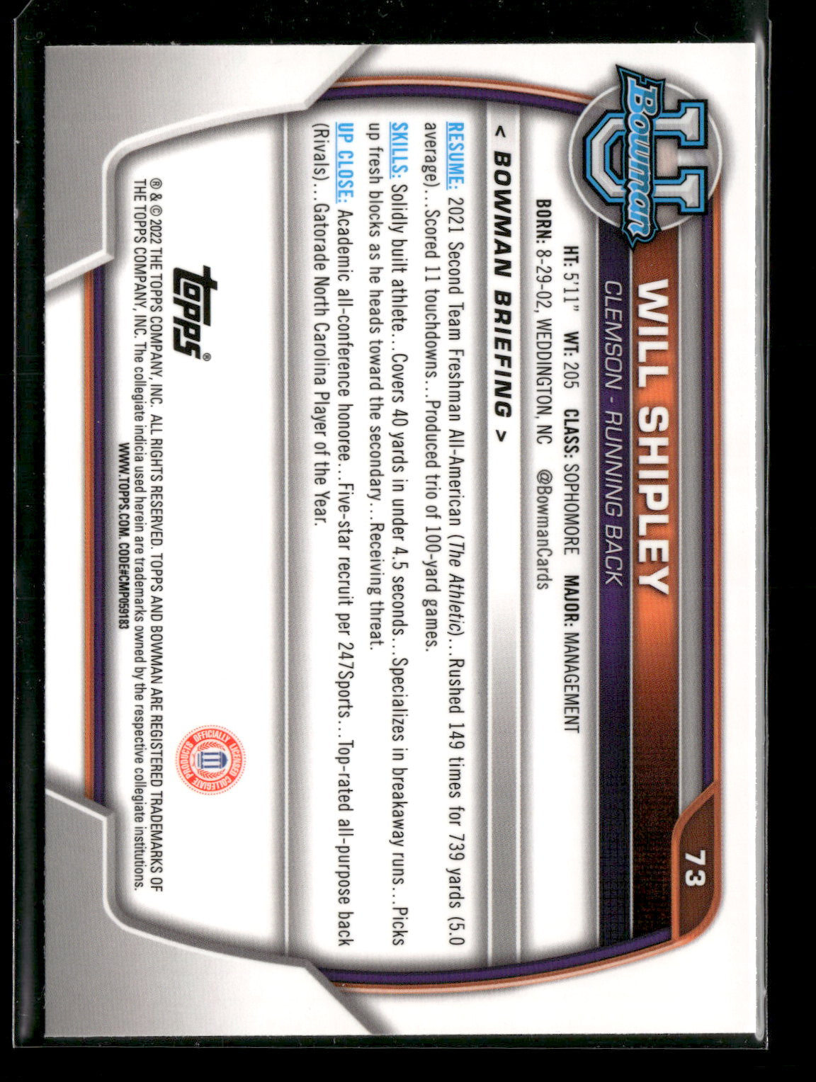 2022 Bowman Chrome University Football Will Shipley #73 Pink Refractor 1st Bowman