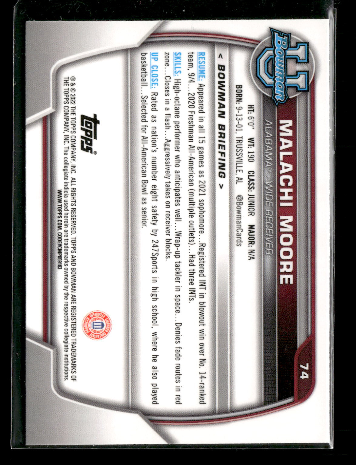 2022 Bowman Chrome University Football Malachi Moore #74 Pink Refractor 1st Bowman