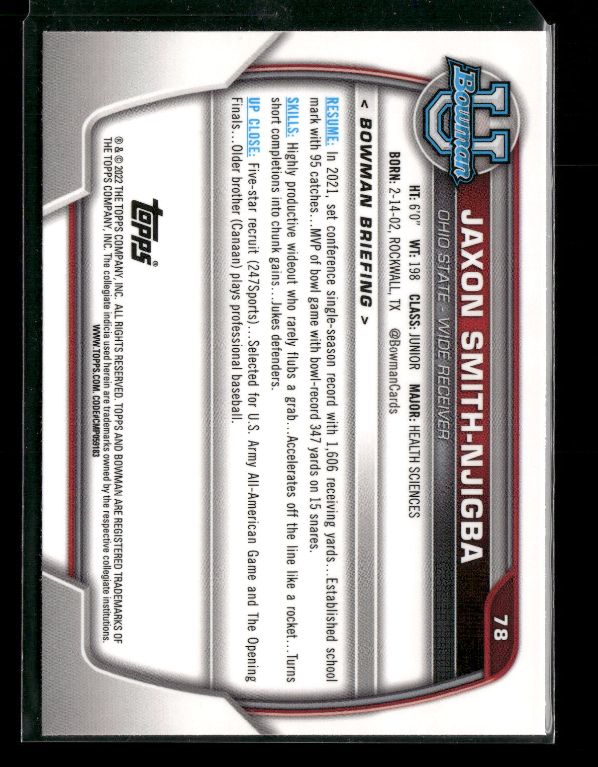2022 Bowman Chrome University Football Jaxon Smith-Njigba #78 Pink Refractor 1st Bowman