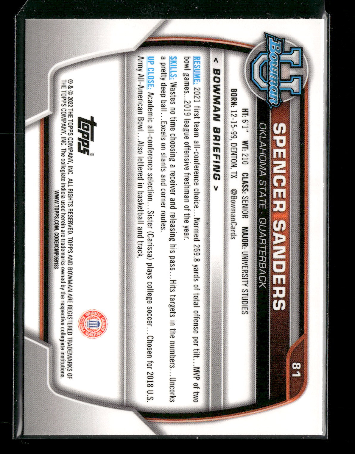 2022 Bowman Chrome University Football Spencer Sanders #81 Pink Refractor 1st Bowman