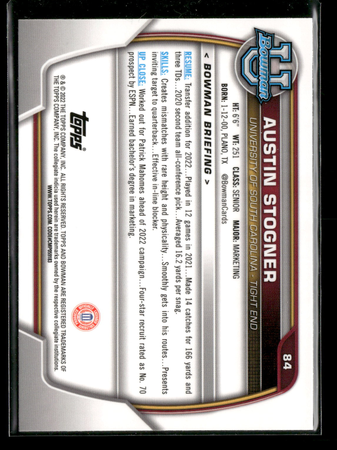 2022 Bowman Chrome University Football Austin Stogner #84 Pink Refractor 1st Bowman