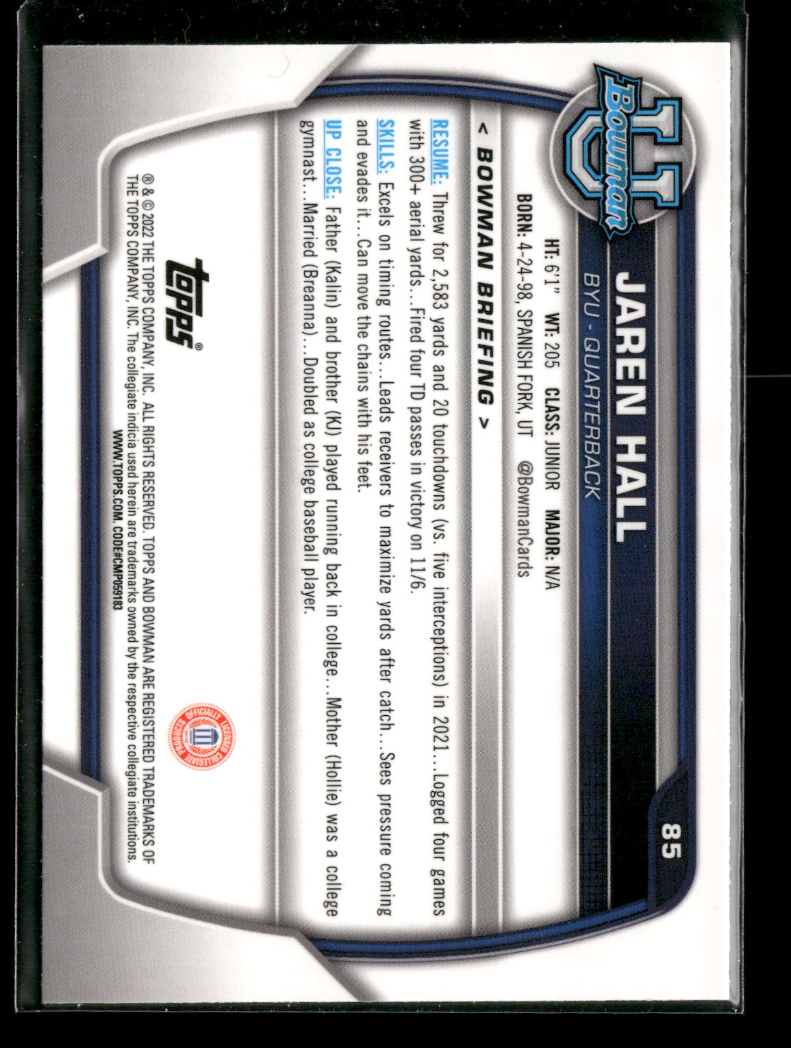 2022 Bowman Chrome University Football Jaren Hall #85 Pink Refractor 1st Bowman