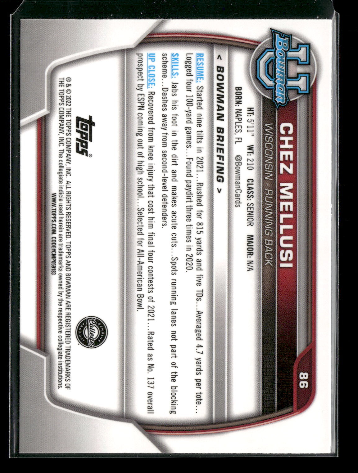 2022 Bowman Chrome University Football Chez Mellusi #86 Pink Refractor 1st Bowman