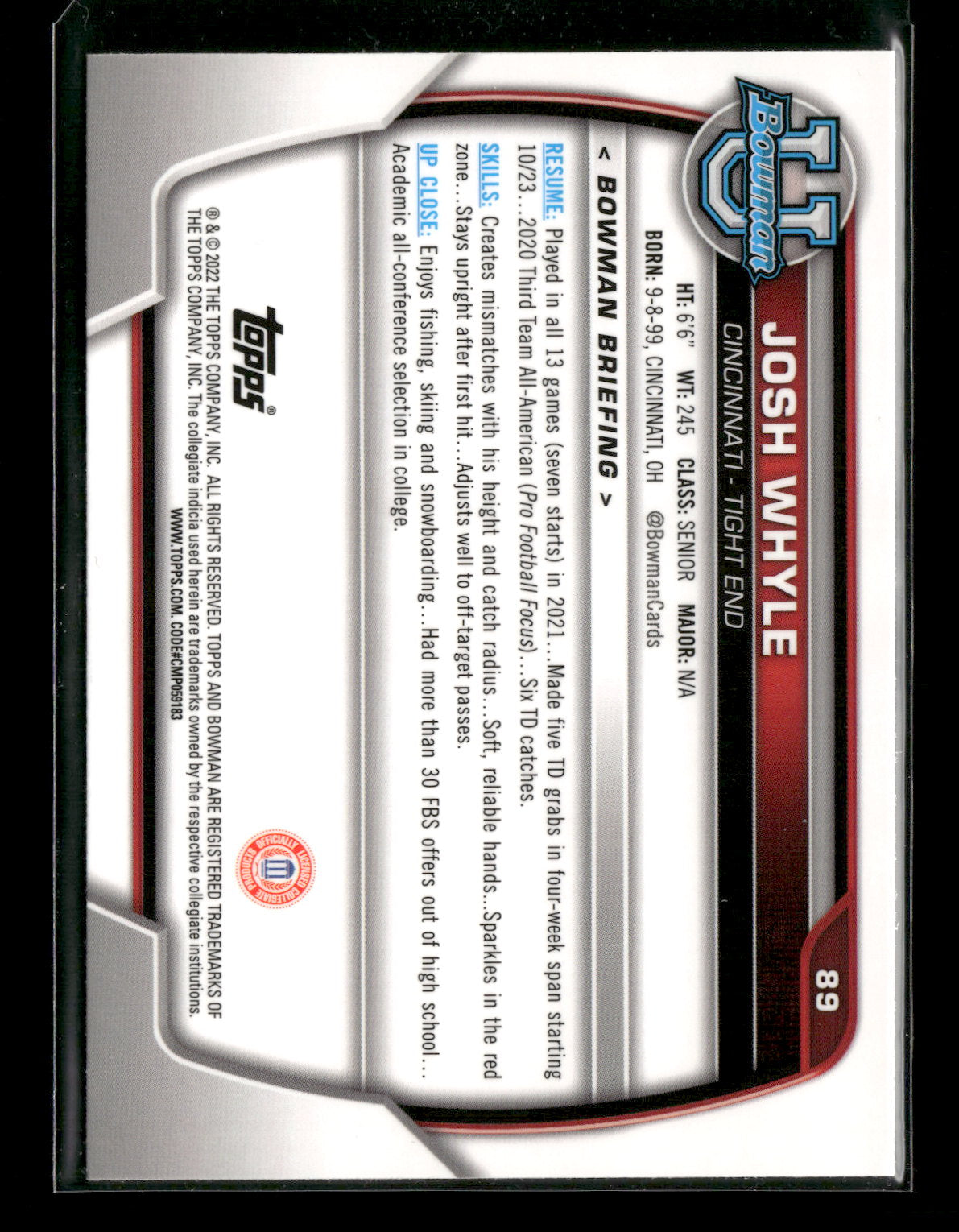 2022 Bowman Chrome University Football Josh Whyle #89 Pink Refractor 1st Bowman