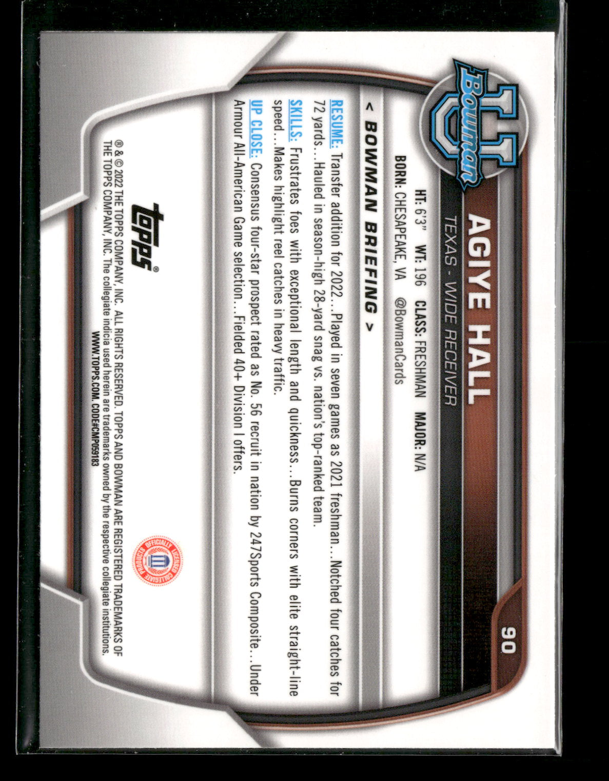 2022 Bowman Chrome University Football Agiye Hall #90 Pink Refractor 1st Bowman