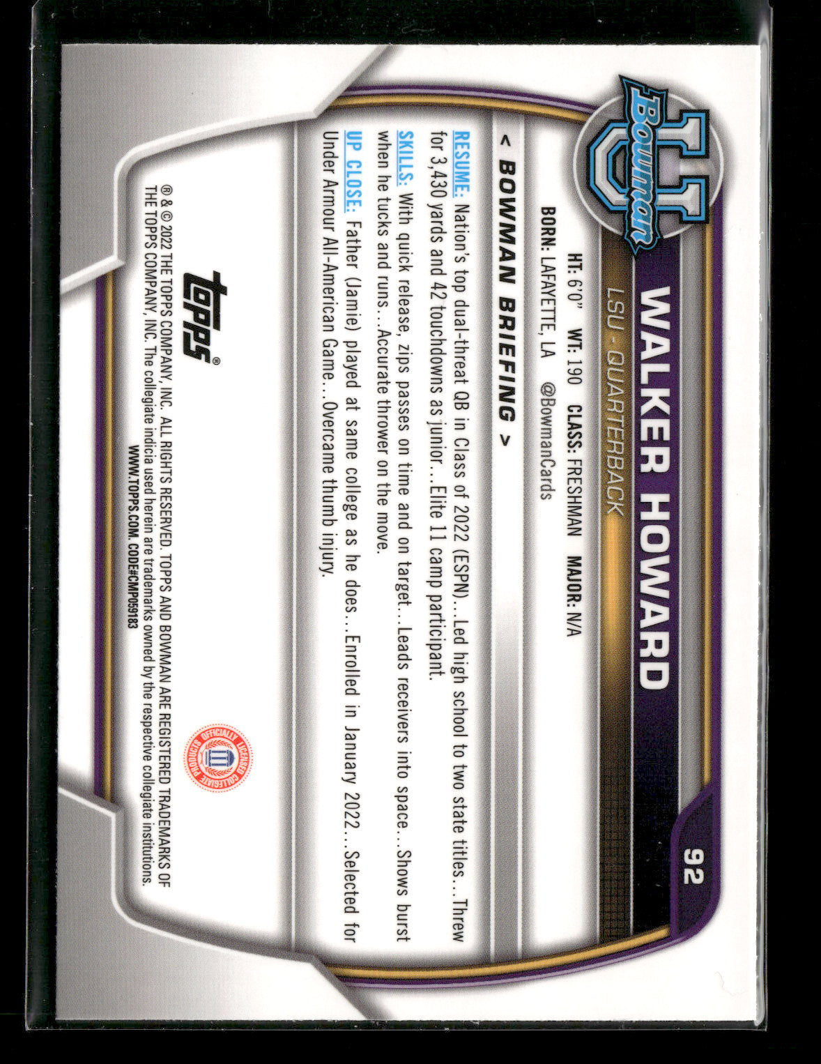 2022 Bowman Chrome University Football Walker Howard #92 Pink Refractor 1st Bowman