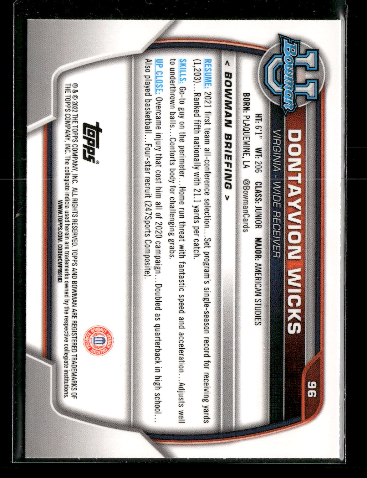 2022 Bowman Chrome University Football Dontayvion Wicks #96 Pink Refractor 1st Bowman