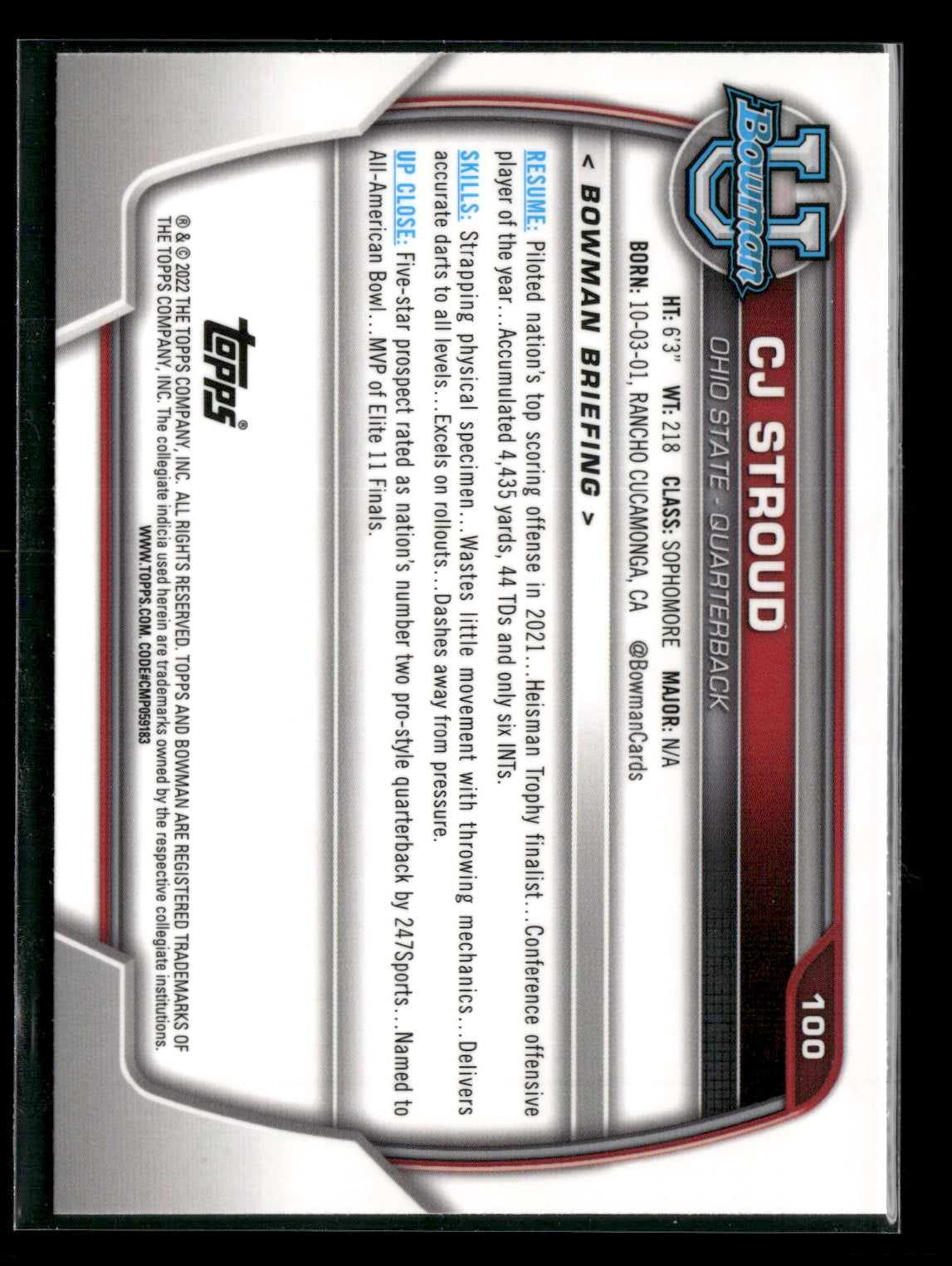 2022 Bowman Chrome University Football C.J. Stroud #100 Pink Refractor