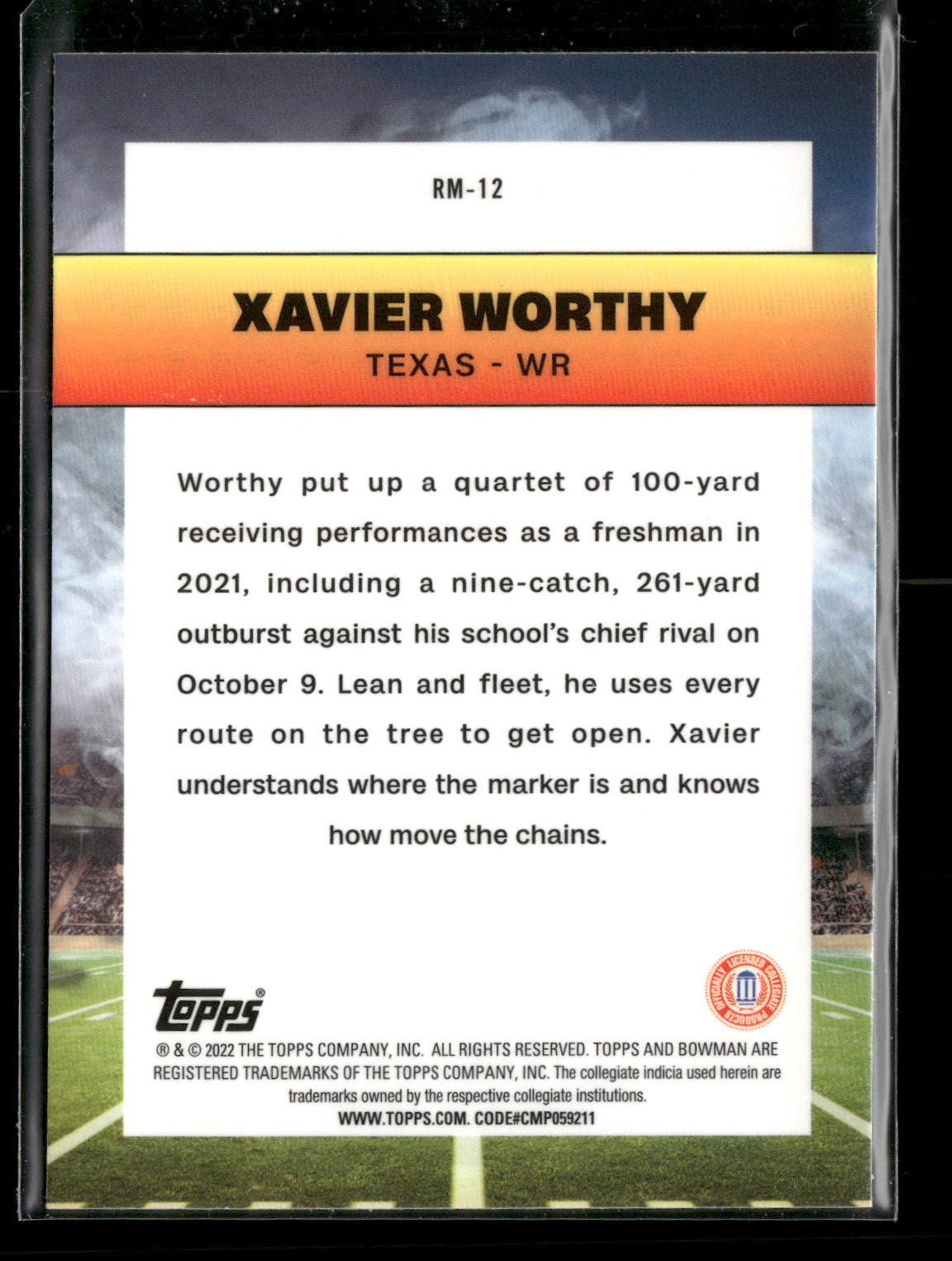 2022 Bowman Chrome University Football Xavier Worthy #RM-12 Ramblin’ Man