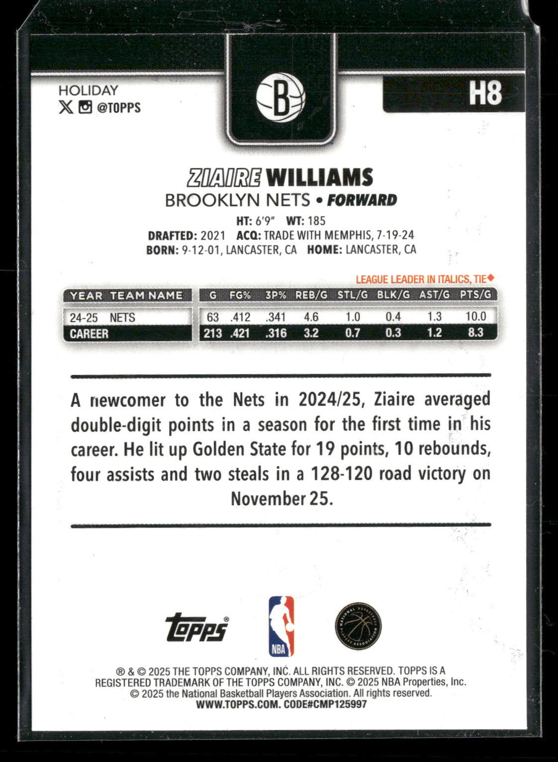 2025-26 Topps Holiday Basketball Ziaire Williams #H8 Blue Metallic Glitter Parallel