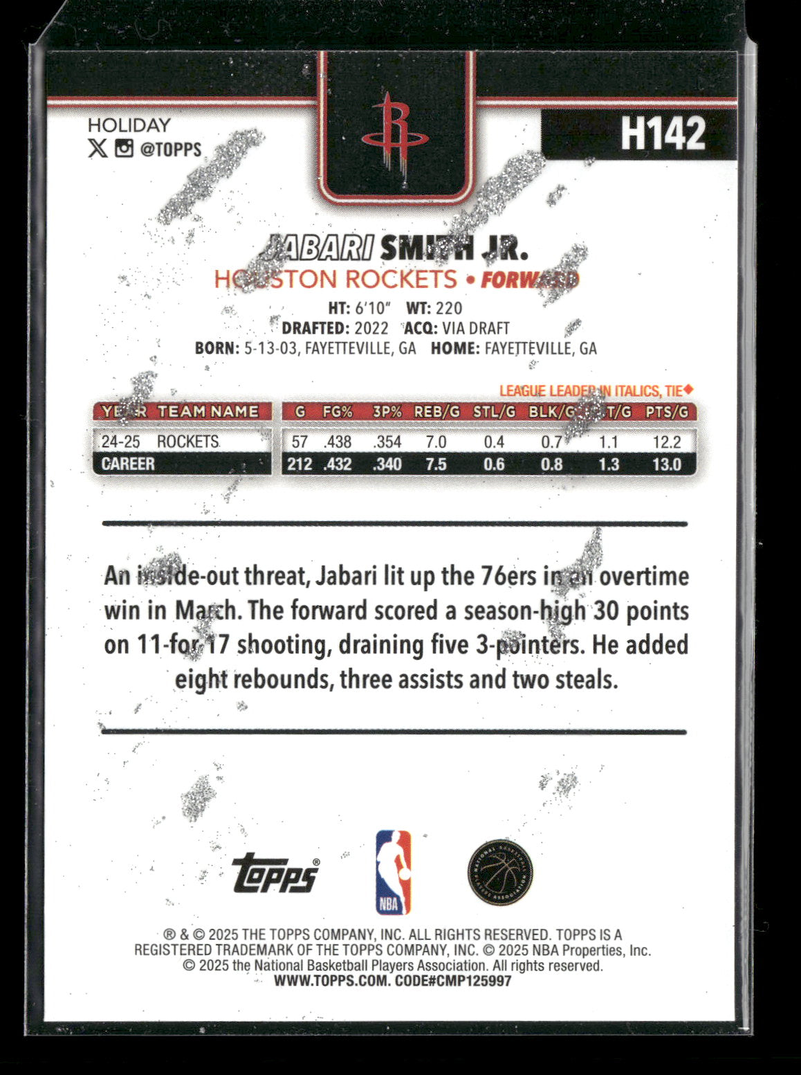 2025-26 Topps Holiday Basketball Jabari Smith Jr. #H142 Glitter Parallel