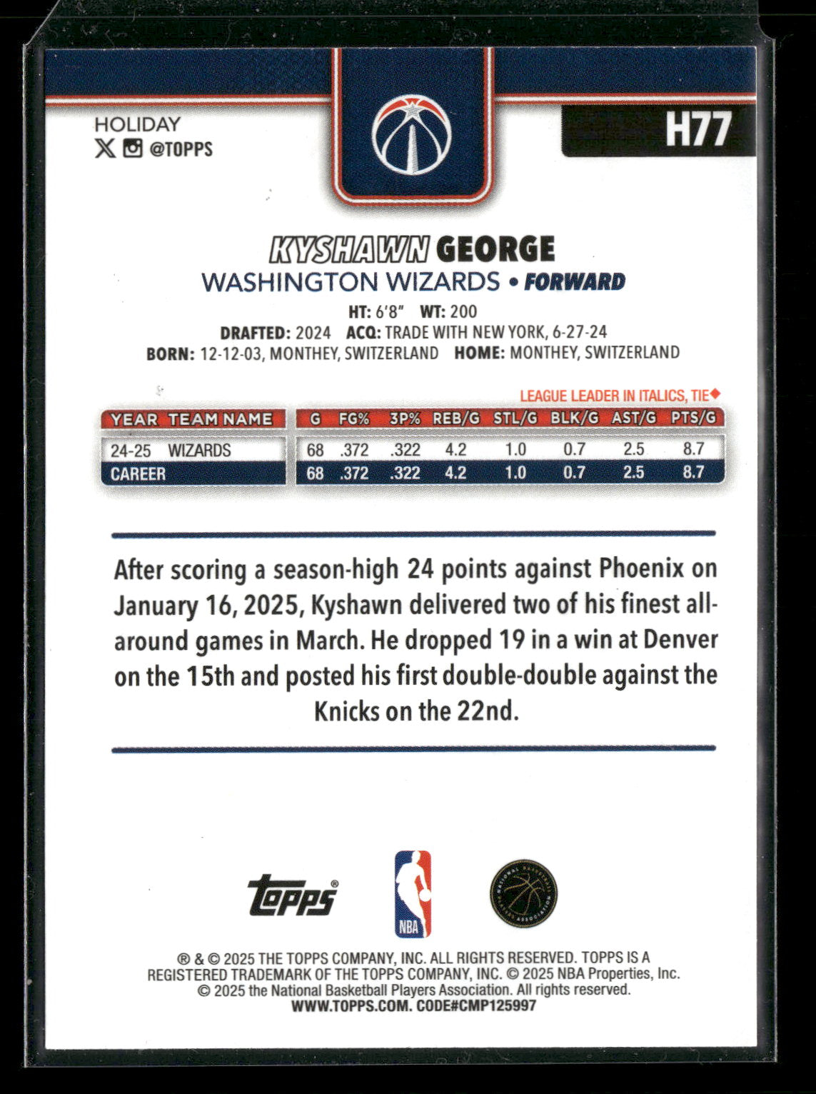 2025-26 Topps Holiday Basketball Kyshawn George #H77 Glitter Parallel