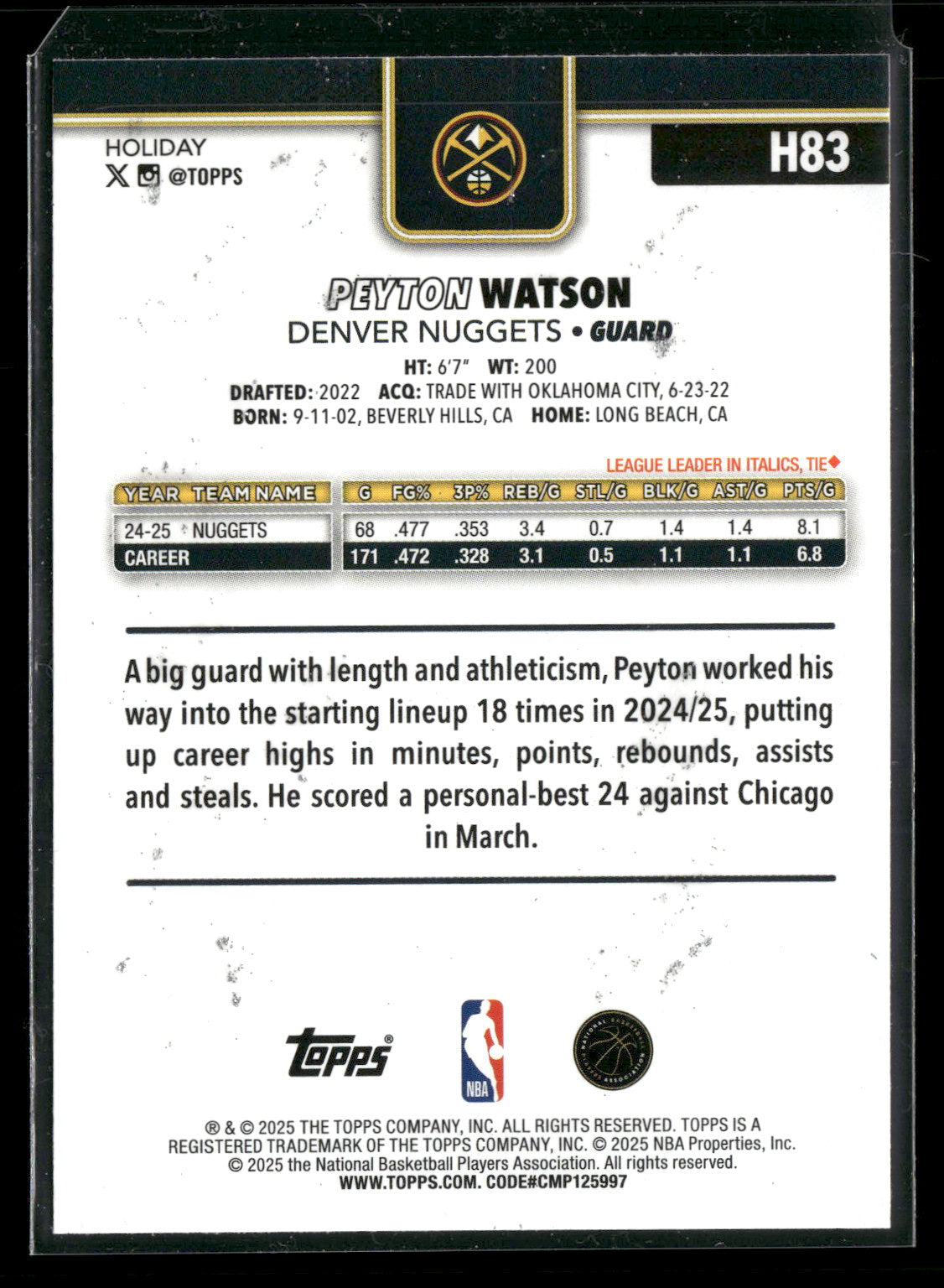 2025-26 Topps Holiday Basketball Peyton Watson #H83 Glitter Parallel