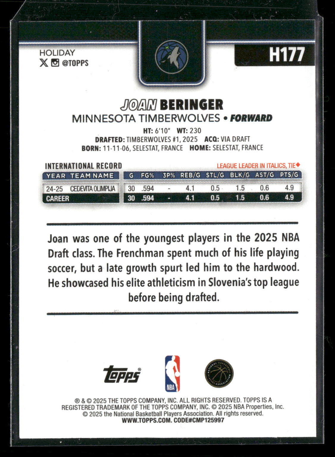 2025-26 Topps Holiday Basketball Joan Beringer #H177 Glitter Parallel RC