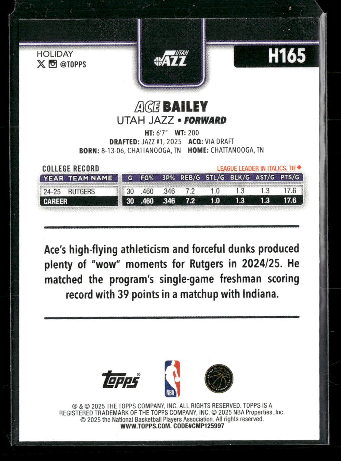 2025-26 Topps Holiday Basketball Ace Bailey #H165 RC
