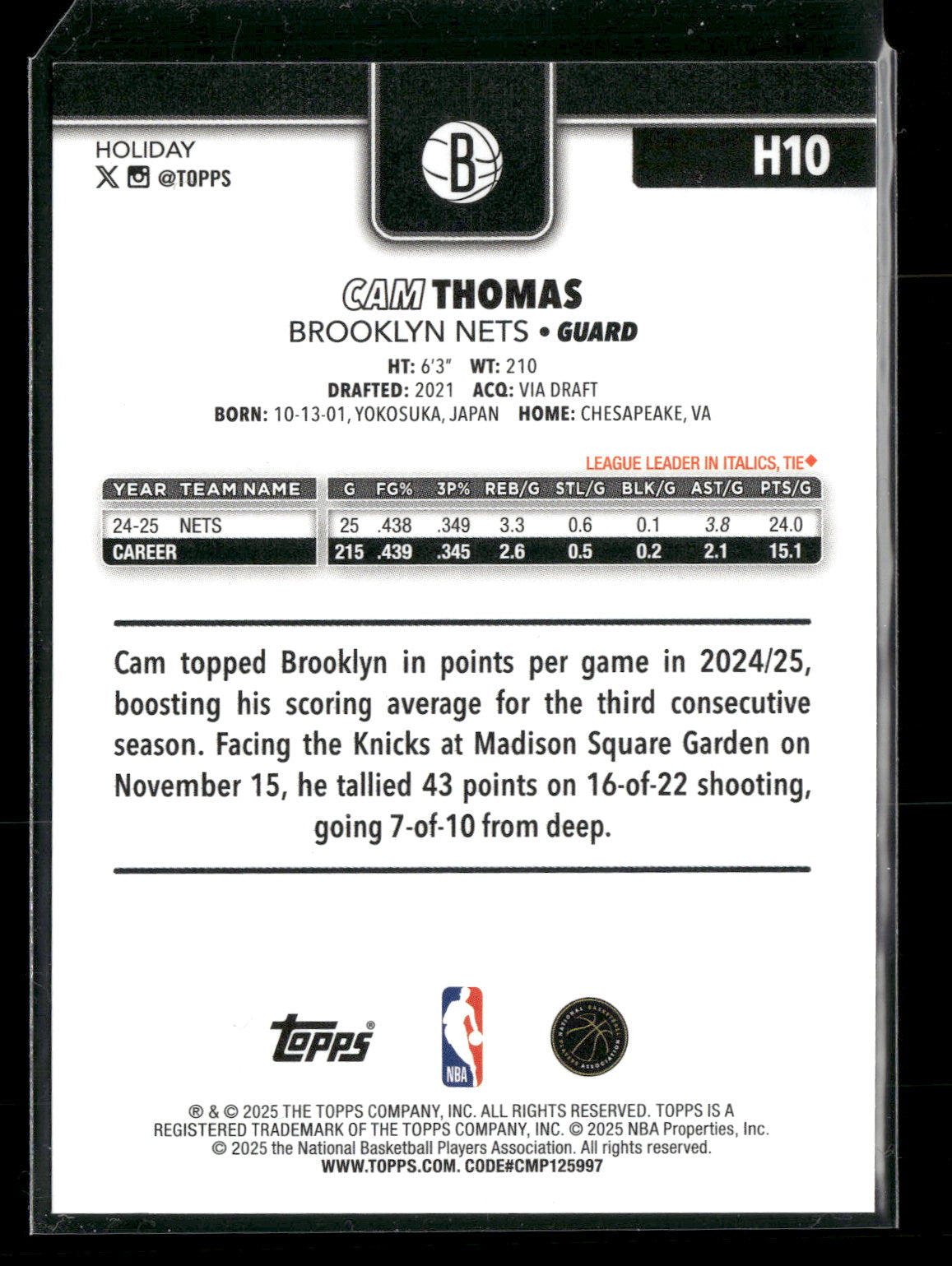 2025-26 Topps Holiday Basketball Cam Thomas #H10