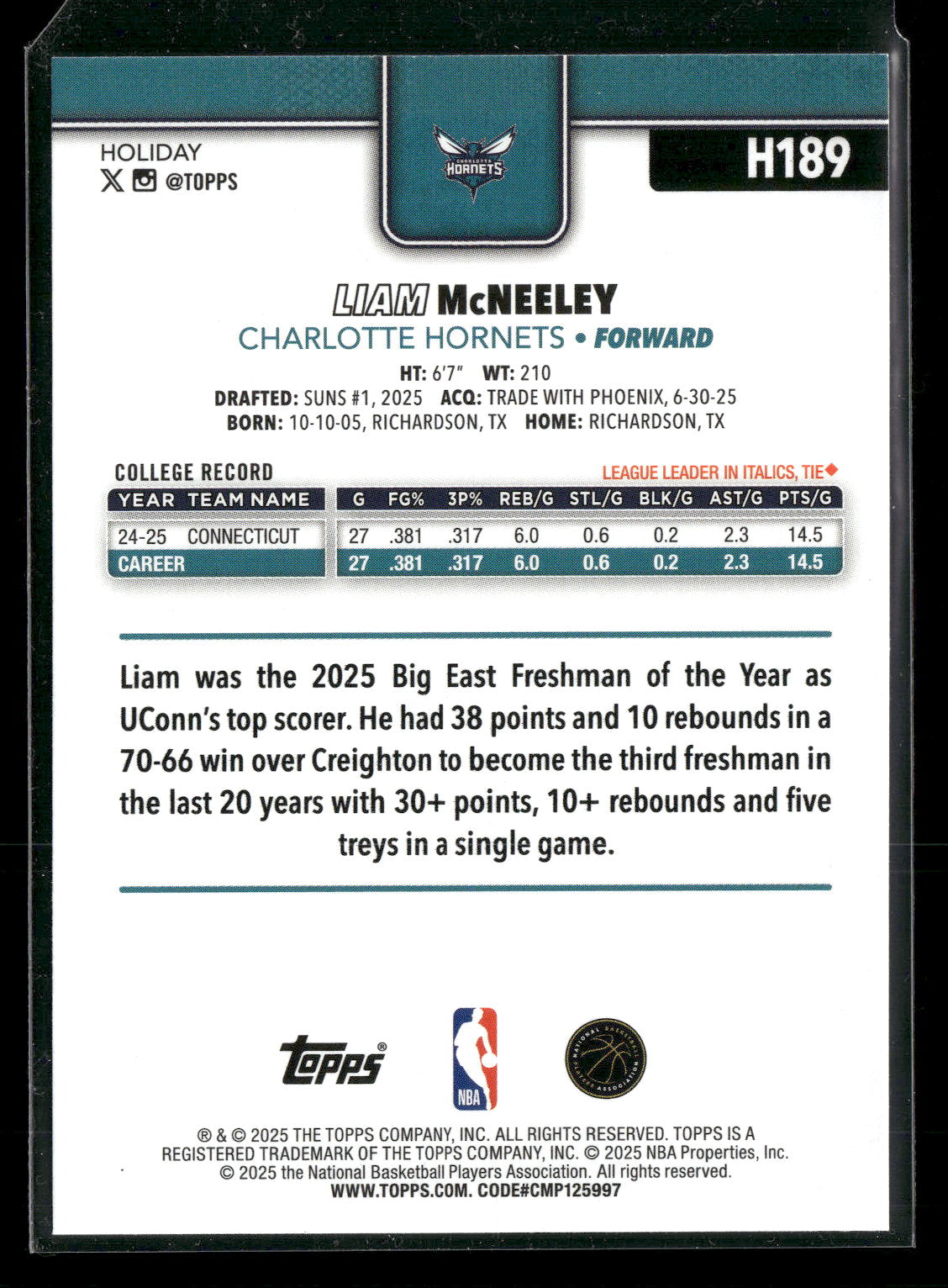 2025-26 Topps Holiday Basketball Liam McNeeley #H189 RC