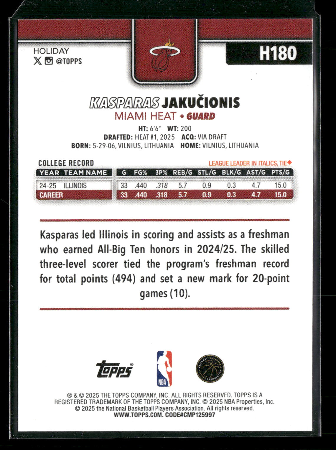 2025-26 Topps Holiday Basketball Kasparas Jakučionis #H180 RC