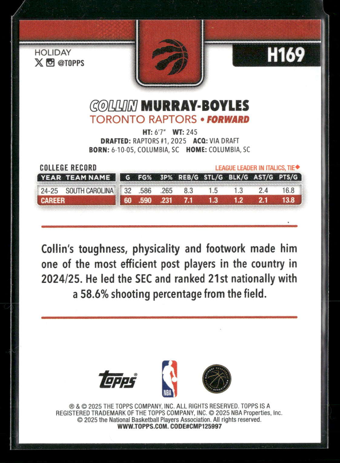 2025-26 Topps Holiday Basketball Collin Murray-Boyles #H169 RC