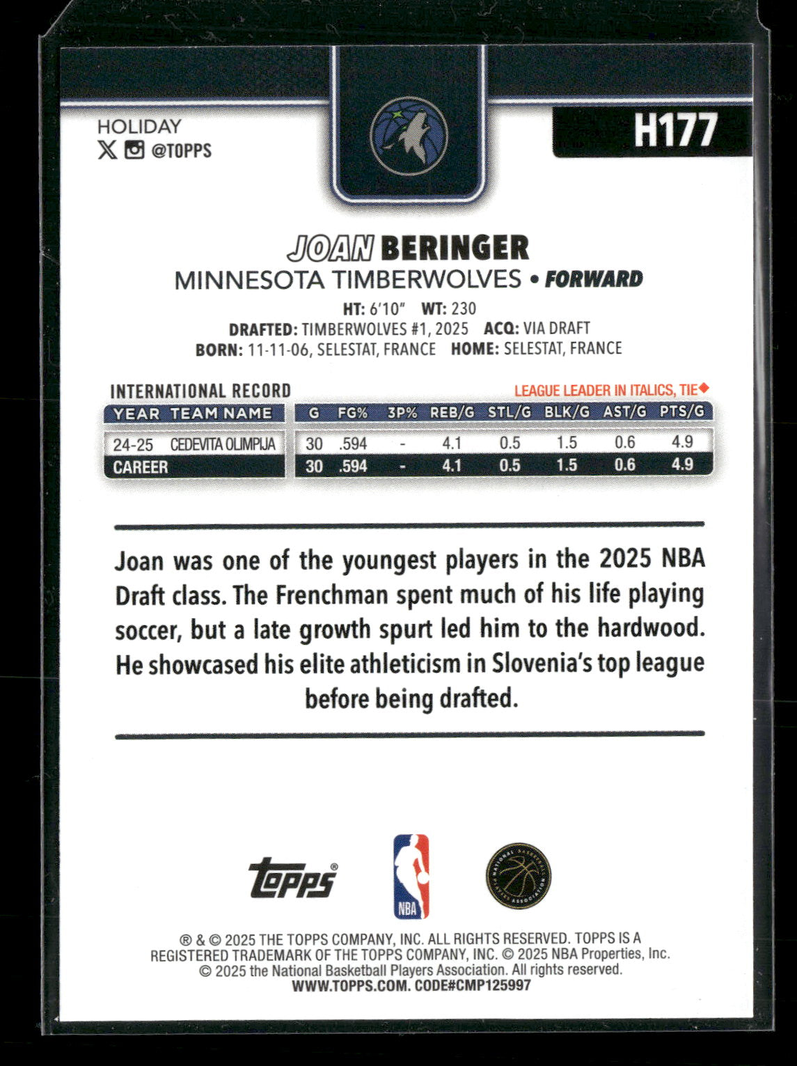 2025-26 Topps Holiday Basketball Joan Beringer #H177 RC
