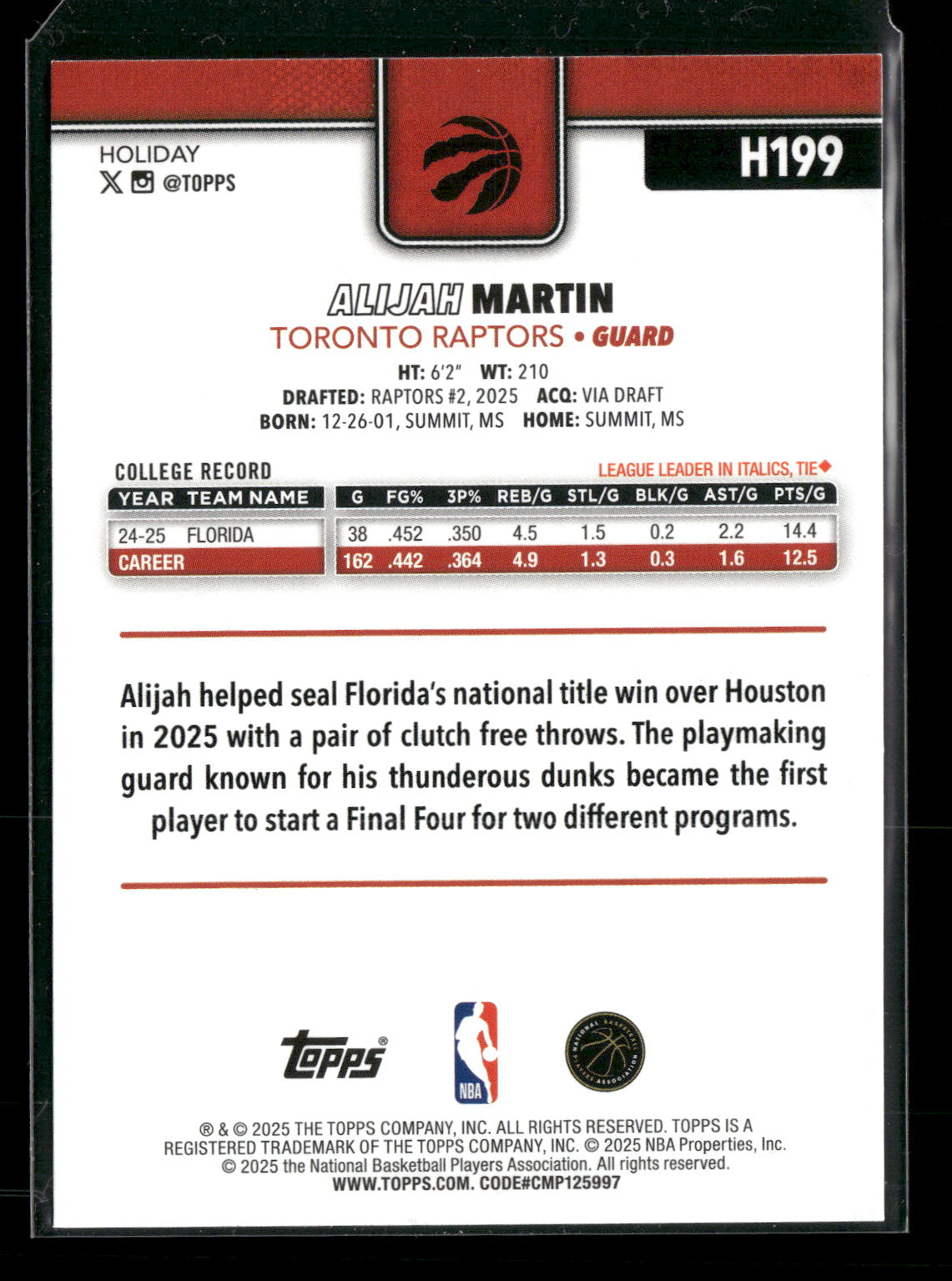2025-26 Topps Holiday Basketball Alijah Martin #H199 RC