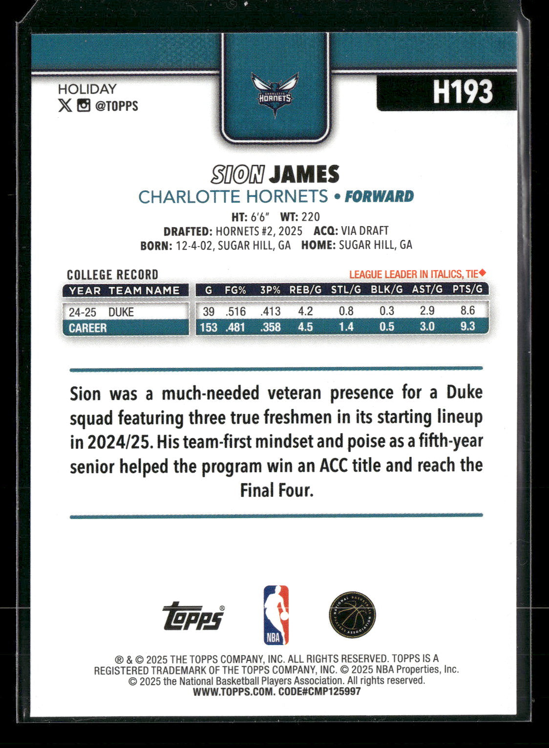 2025-26 Topps Holiday Basketball Sion James #H193 RC