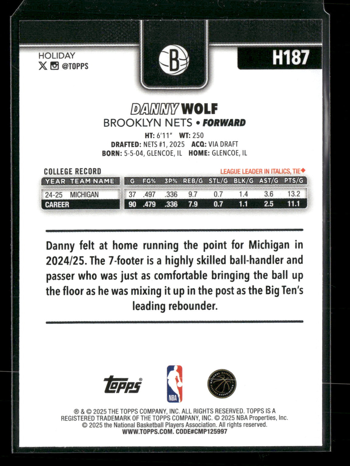 2025-26 Topps Holiday Basketball Danny Wolf #H187 RC