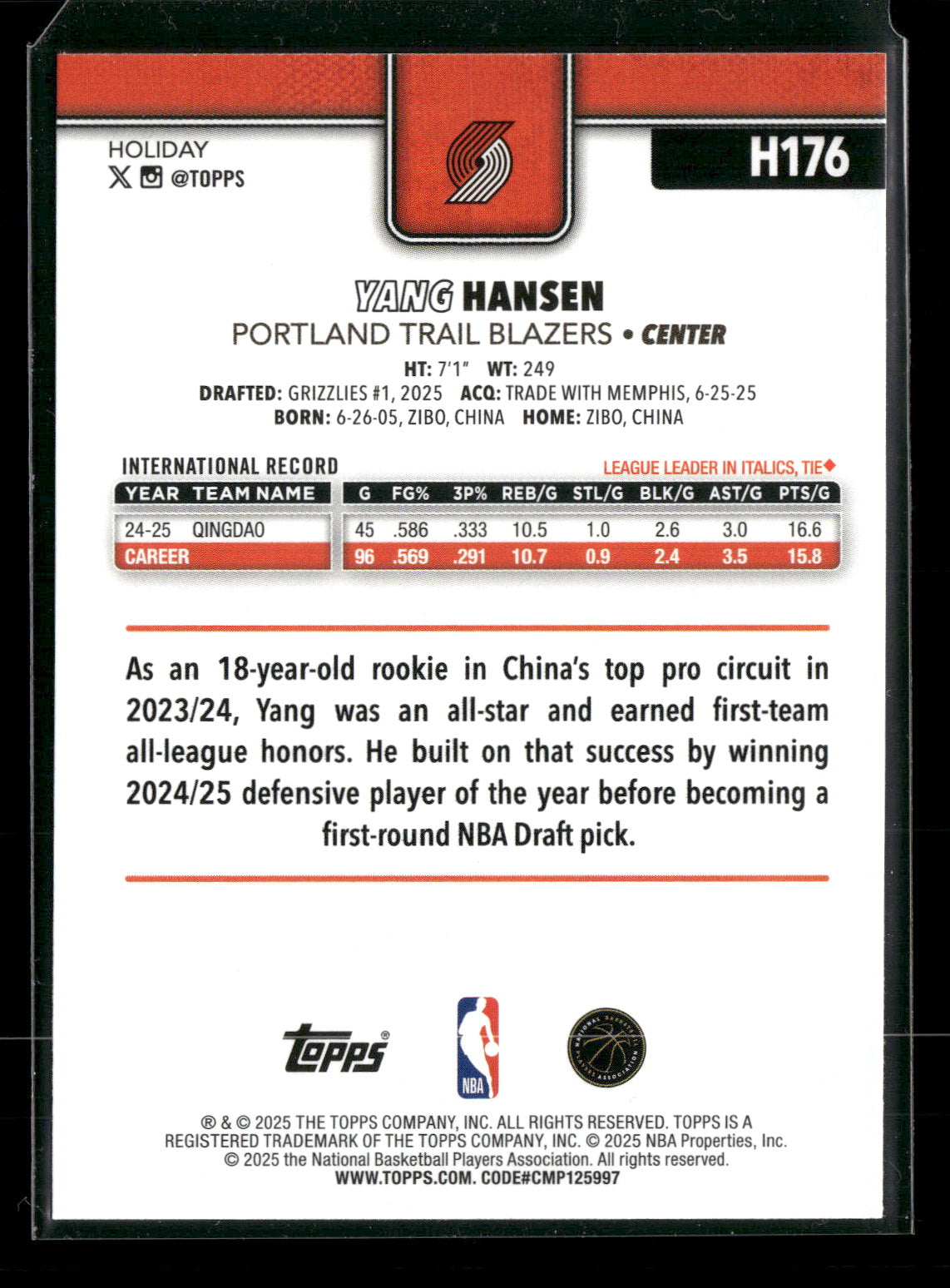 2025-26 Topps Holiday Basketball Yang Hansen #H176 RC