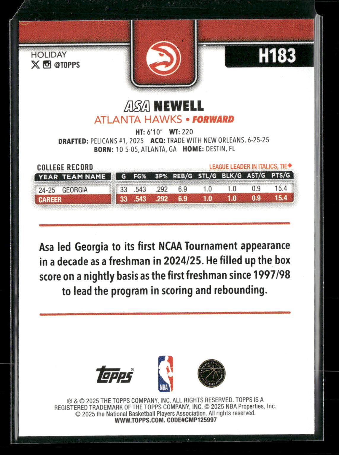 2025-26 Topps Holiday Basketball Asa Newell #H183 RC