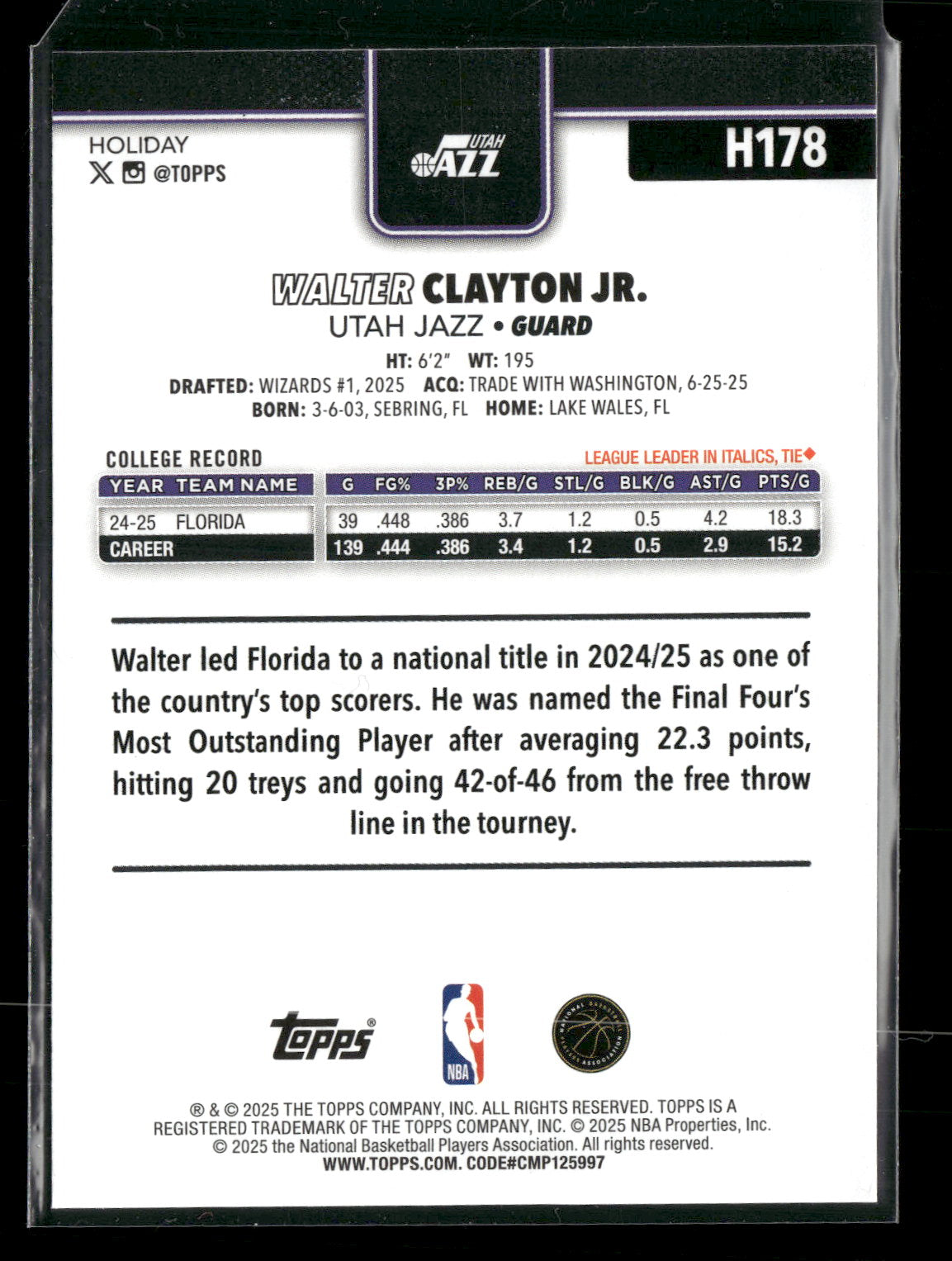 2025-26 Topps Holiday Basketball Walter Clayton Jr. #H178 RC