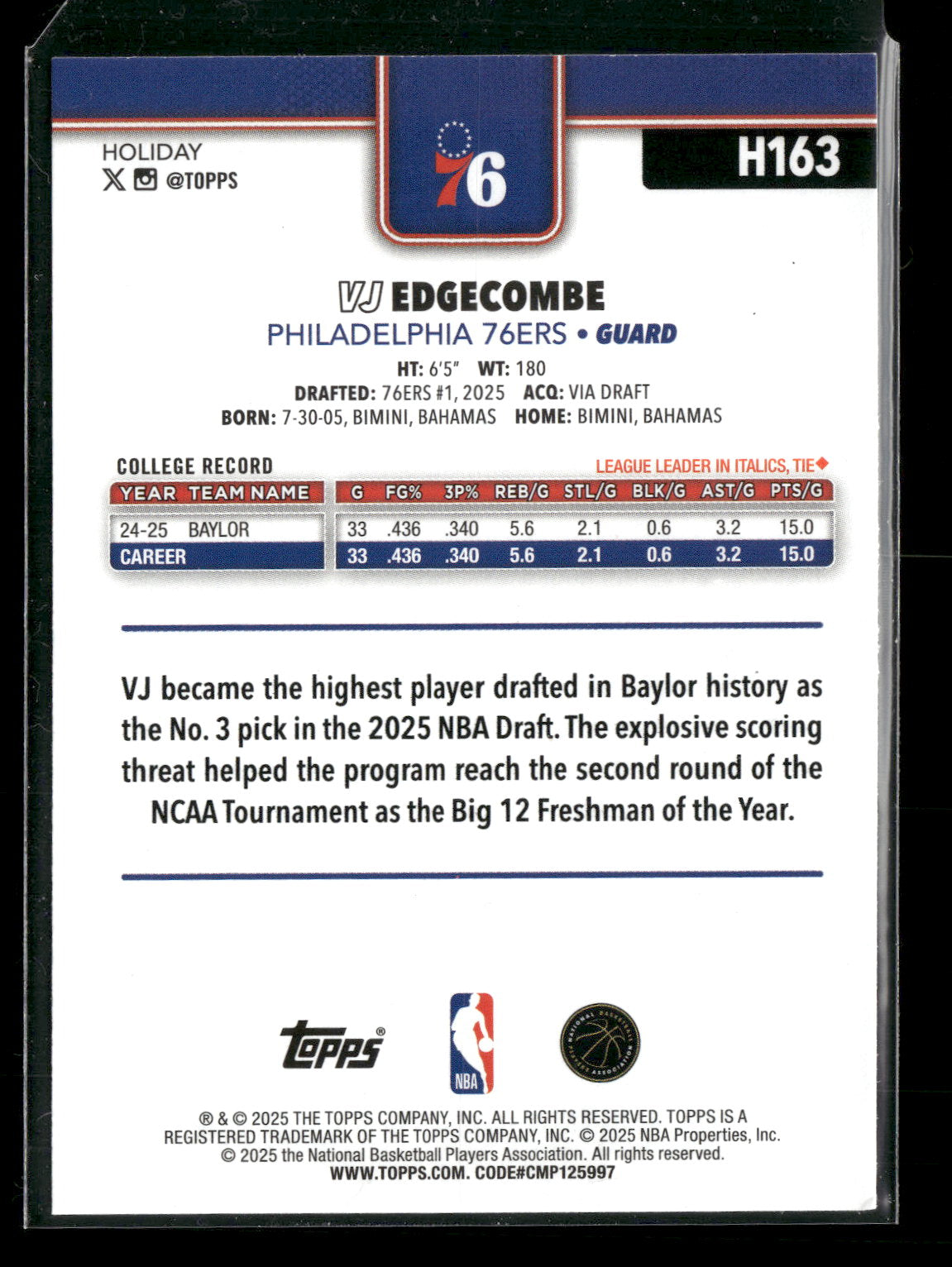 2025-26 Topps Holiday Basketball VJ Edgecombe #H163 RC