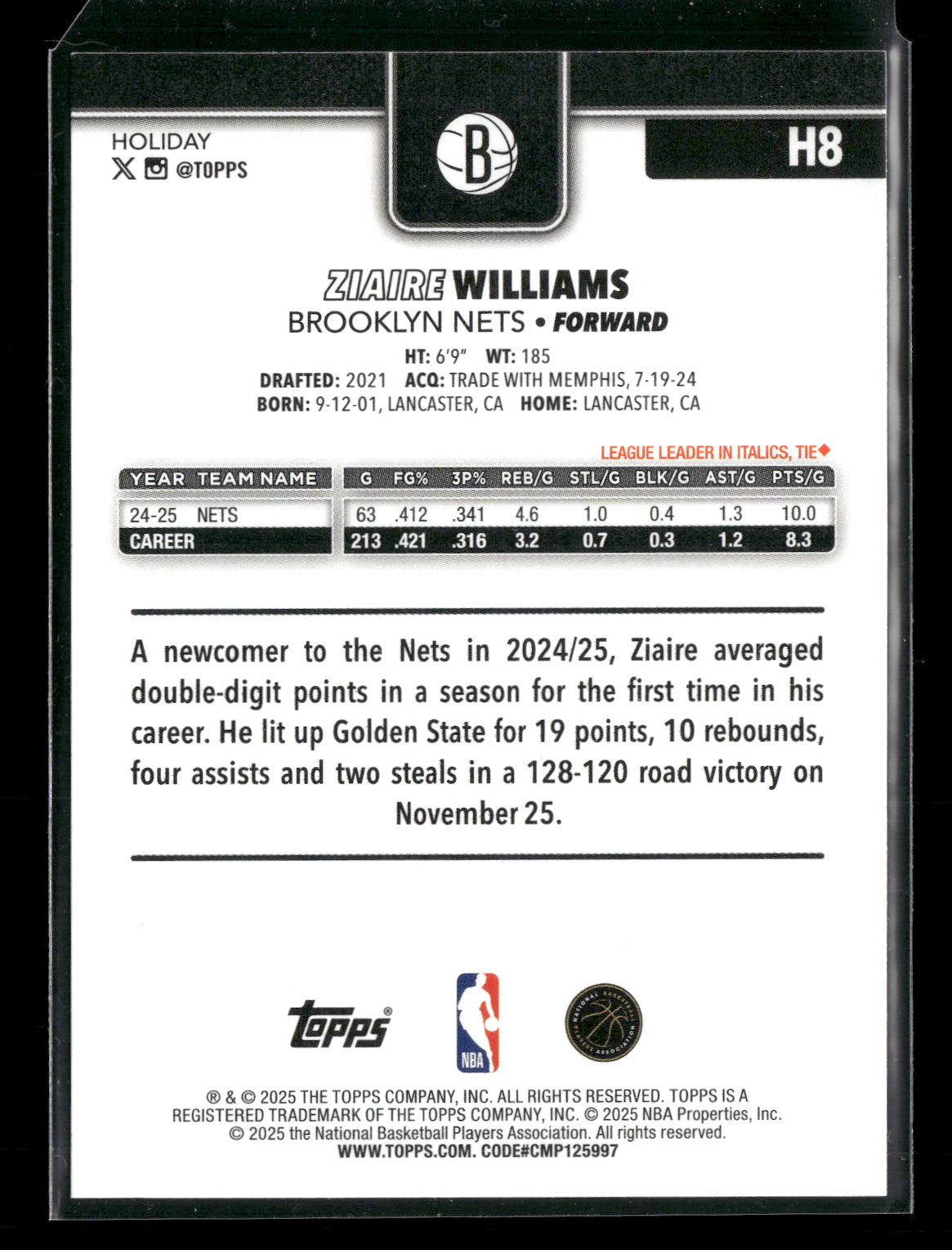 2025-26 Topps Holiday Basketball Ziaire Williams #H8