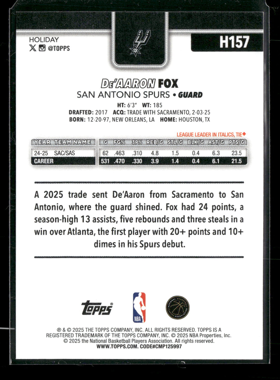 2025-26 Topps Holiday Basketball De'Aaron Fox #H157