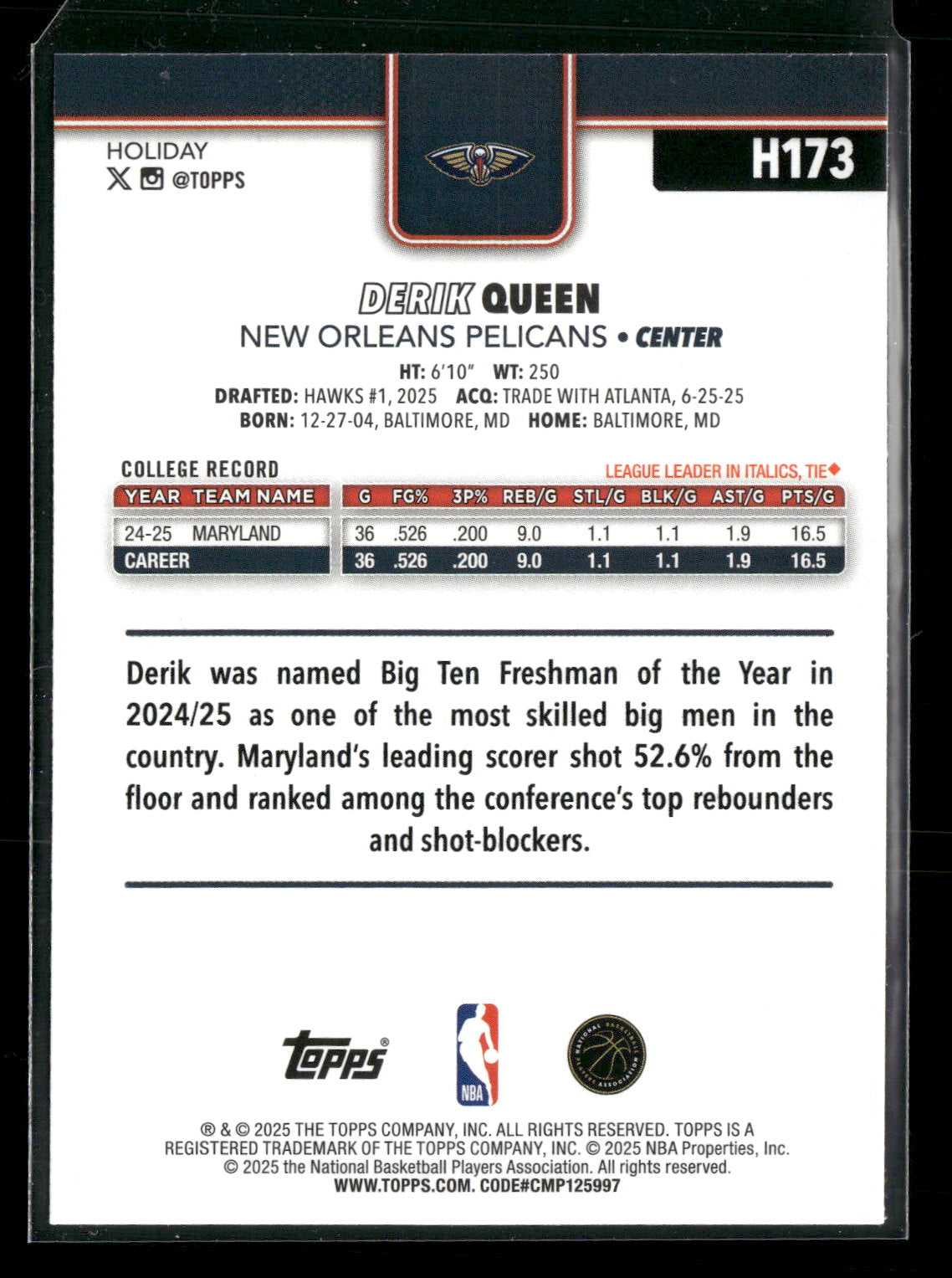 2025-26 Topps Holiday Basketball Derik Queen #H173 RC