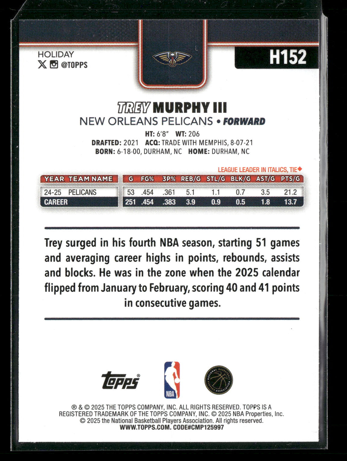 2025-26 Topps Holiday Basketball Trey Murphy III #H152