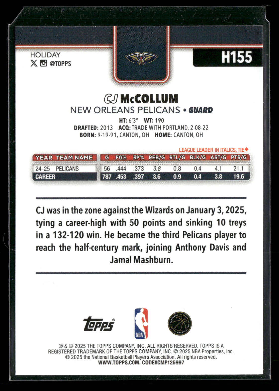 2025-26 Topps Holiday Basketball CJ McCollum #H155