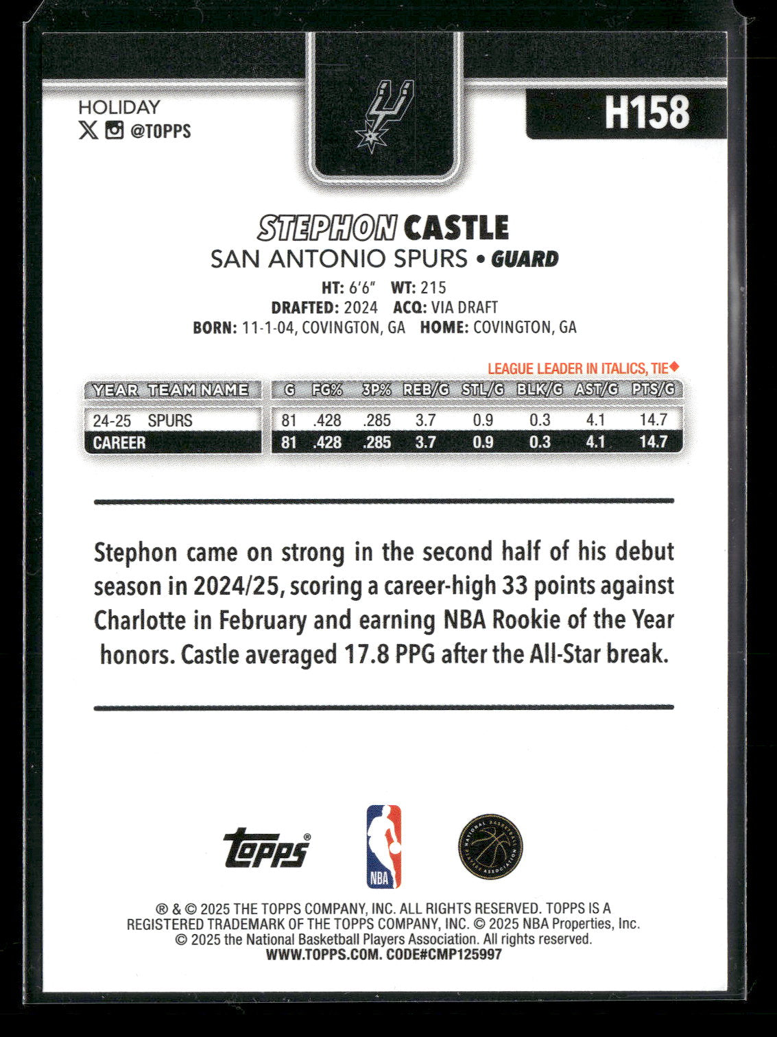 2025-26 Topps Holiday Basketball Stephon Castle #H158