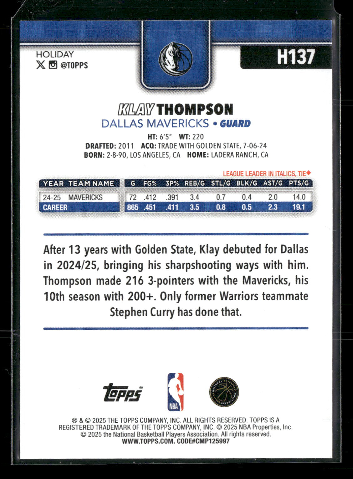 2025-26 Topps Holiday Basketball Klay Thompson #H137