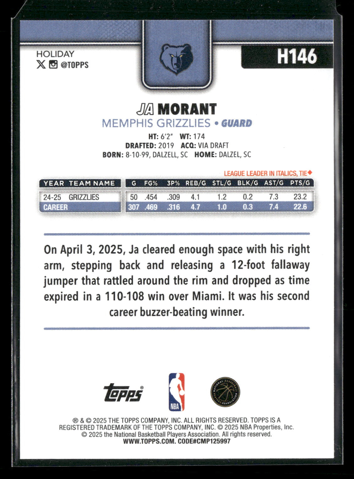 2025-26 Topps Holiday Basketball Ja Morant #H146
