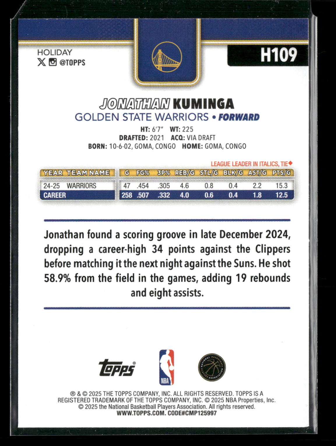 2025-26 Topps Holiday Basketball Jonathan Kuminga #H109