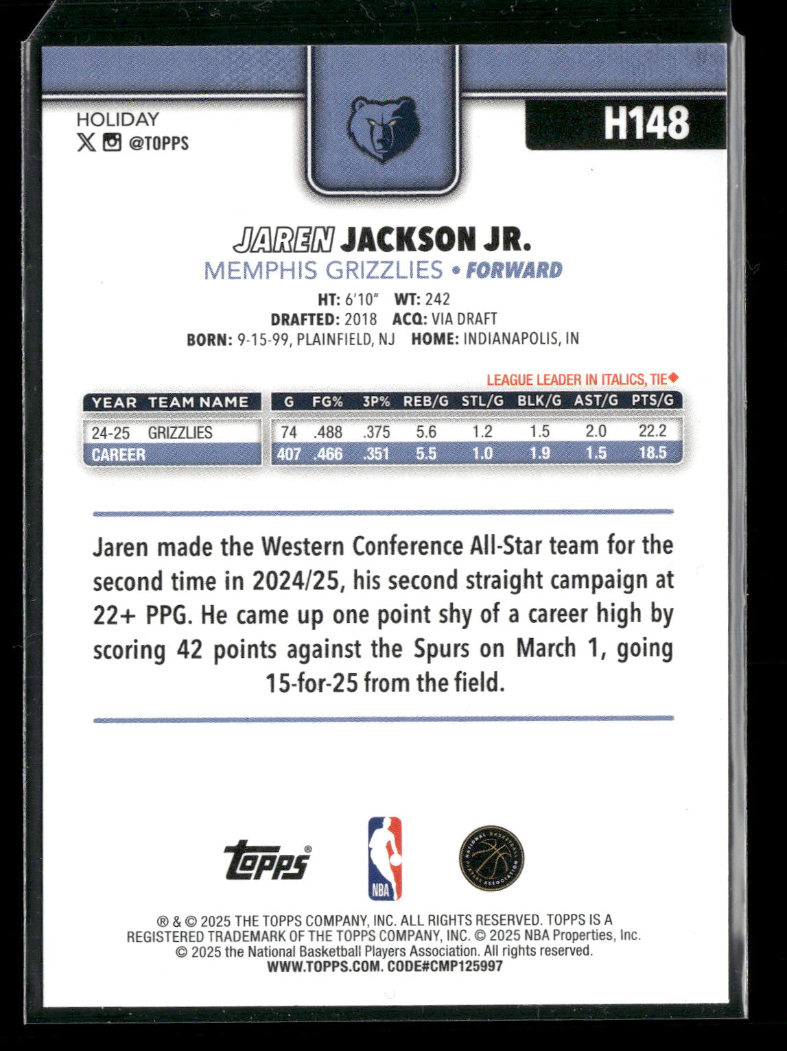 2025-26 Topps Holiday Basketball Jaren Jackson Jr. #H148