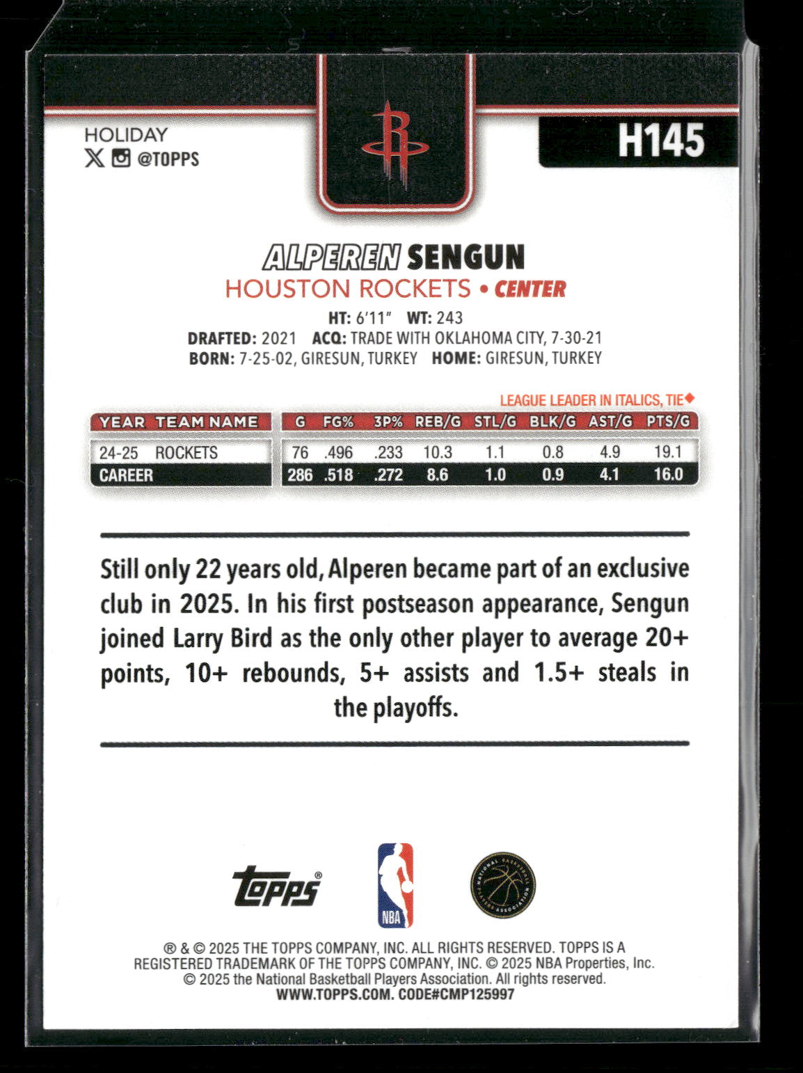 2025-26 Topps Holiday Basketball Alperen Sengun #H145